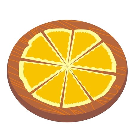 Illustration of a cheese pizza cut into slices, on a wooden backingの写真素材