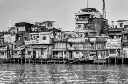Houses and river. BWのeditorial素材
