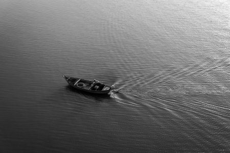 The boat in the river. BWの写真素材