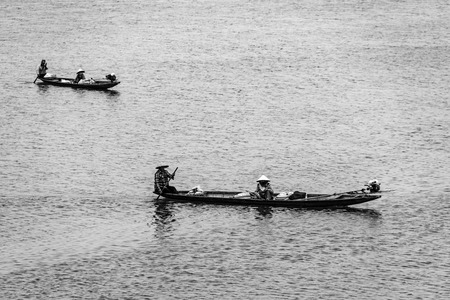 Two boats in river. Black and whiteのeditorial素材