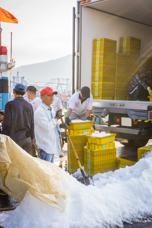 The workers shovel ice in the fish marketのeditorial素材