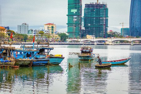 Traditional old wooden fisherman boats in harborのeditorial素材