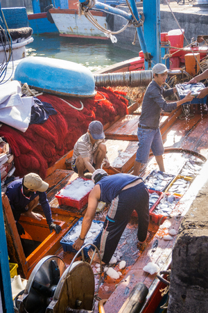 The workers bring fishes from the ship to out sideのeditorial素材