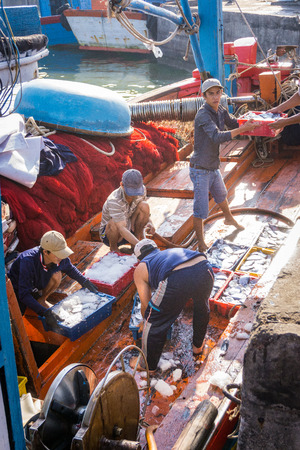 Workers bring fishes from the ship to out sideのeditorial素材
