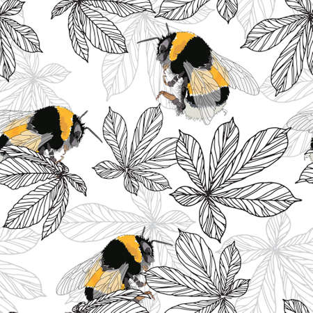 Bumblebee and chestnut leaves design - seamless vector repeat pattern, use it for wrappings, fabric, packaging and other print and design projectsのイラスト素材