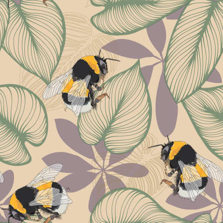 Bumblebee and exotic leaves design - seamless vector repeat pattern, use it for wrappings, fabric, packaging and other print and design projectsのイラスト素材