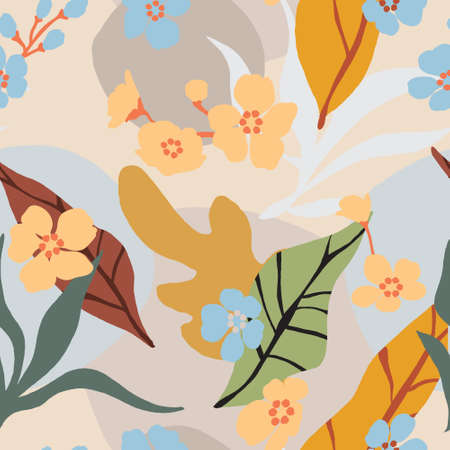 abstract leaves and flowers design - seamless vector repeat pattern, use it for wrappings, fabric, packaging and other print and design projectsのイラスト素材