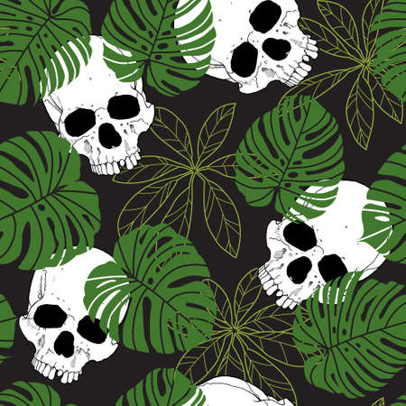 skull and tropical leaf design - seamless vector repeat pattern, use it for wrappings, fabric, packaging and other print and design projectsのイラスト素材