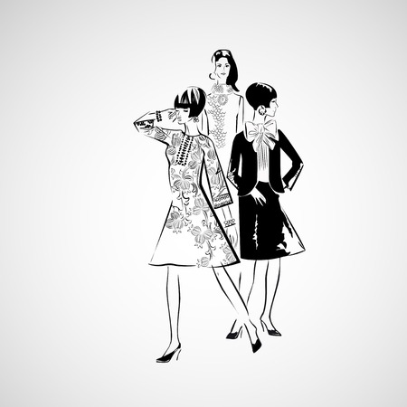 Vector sketch girls in fashion clothes epsのイラスト素材