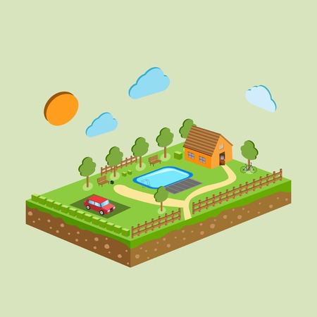 Vector piece of land and sky with objects.のイラスト素材