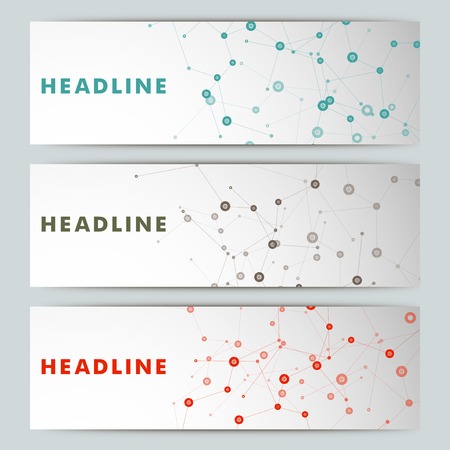 Three vector banner with a molecular structure.のイラスト素材