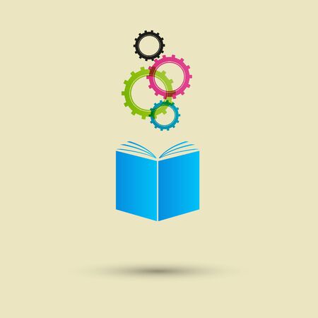 Vector blue book four colored gears white background.のイラスト素材