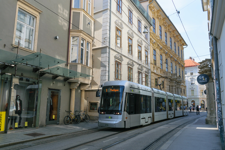 Graz, Austria - August 28 2018: A tramway is stopping in Graz, Austriaのeditorial素材