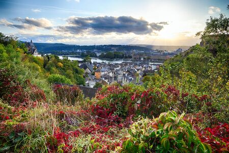 Beautiful autumn sunset with view of the old city of Koblenzの写真素材