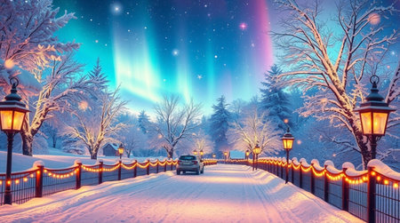 Winter landscape with aurora borealis in the sky above the roadの写真素材