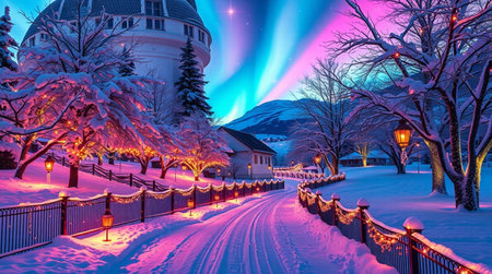 Beautiful winter landscape with aurora borealis in the sky above the city.の写真素材