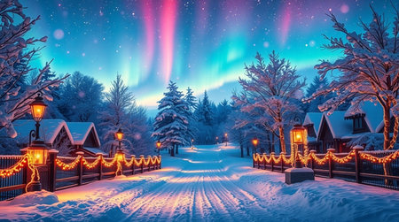 Winter landscape with aurora borealis. Northern lights. Christmas background.の写真素材