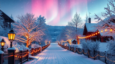 Northern lights over the village in winter, Carpathians, Ukraineの写真素材