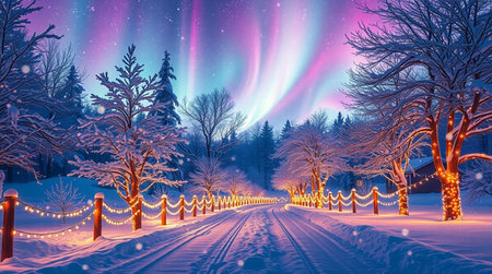 Winter landscape with a road, trees and lights. Northern lights.の写真素材