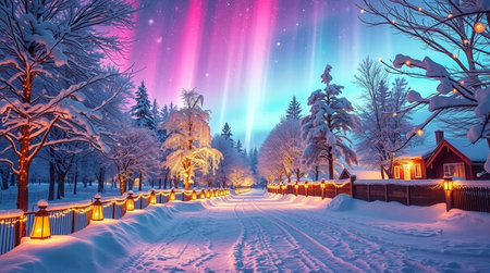 Winter landscape with beautiful aurora borealis in the night sky.の写真素材