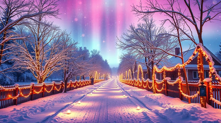 Beautiful winter landscape with snow covered trees and lights at night.の写真素材