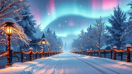 Beautiful winter landscape with aurora borealis in the night skyの写真素材