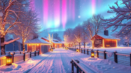 Aurora borealis over the village in winter. Northern lights.の写真素材