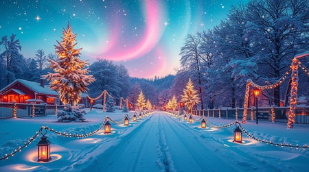 Fantastic winter landscape with snow covered road and christmas lightsの写真素材