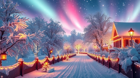 Winter landscape with a snowy alley in the village. Northern lights.の写真素材