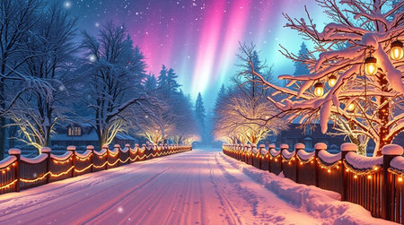 Winter landscape with a road covered with snow, illuminated by lanternsの写真素材