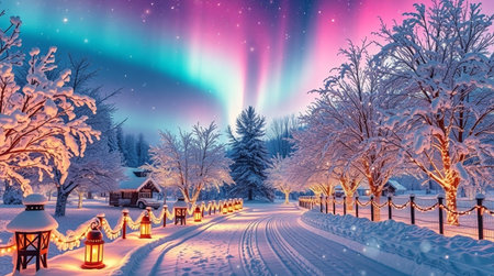 Beautiful winter landscape with northern lights and aurora borealis.の写真素材