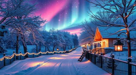 Aurora borealis, northern lights over the village in winter.の写真素材