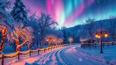 Beautiful winter landscape with aurora borealis in the night sky.の写真素材
