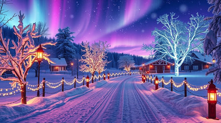 Winter landscape with snow covered trees, road and lanterns. Northern lights.の写真素材