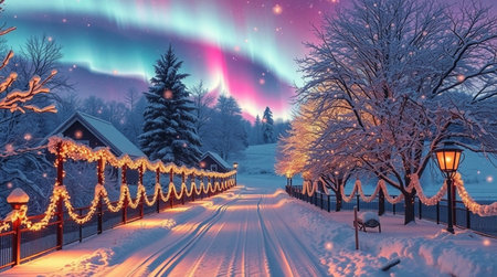 Aurora borealis over the road in the winter forest.の写真素材