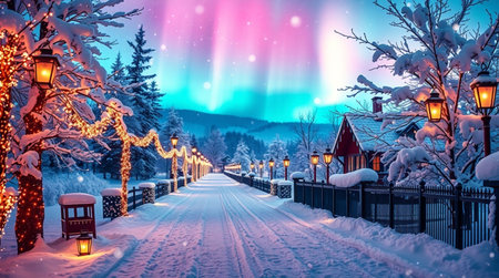 Beautiful winter landscape with aurora borealis. Northern lights.の写真素材