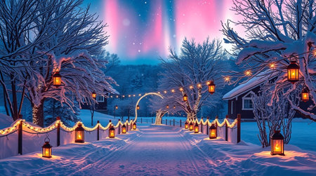Winter landscape with snow covered trees and lanterns. Northern lights.の写真素材