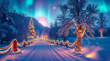 Fairy tale fairy tale in the winter forest. Fairytale landscape with magic forest, road and aurora borealis.の写真素材