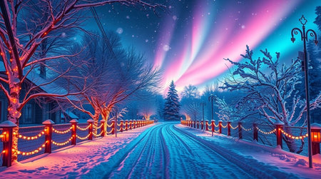 Winter landscape with snow covered trees and street lights. Northern lights.の写真素材
