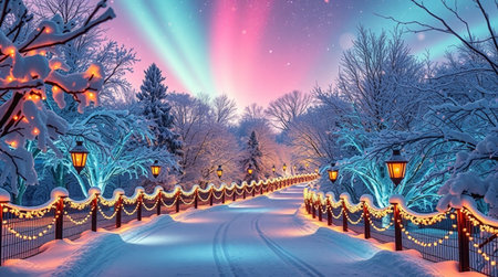 Winter landscape with a snowy road and lanterns in the park.の写真素材