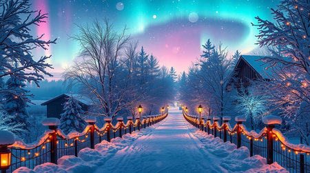 Winter landscape with snowy road and aurora borealis in the skyの写真素材