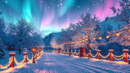 Winter landscape with aurora borealis, northern lights and snow covered trees.の写真素材