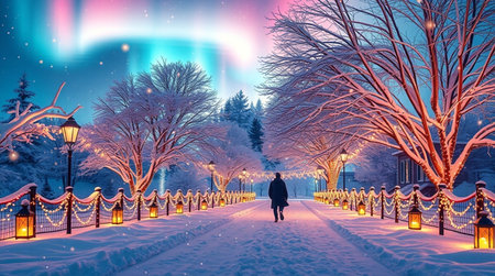 Winter landscape with snow covered city street and aurora borealis.の写真素材