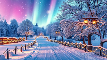 Winter landscape with snow-covered trees, lanterns and road.の写真素材