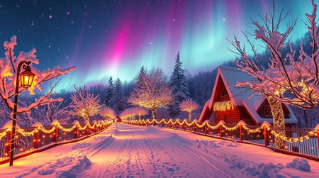 Winter landscape with snow covered trees, road and houses. Northern lights.の写真素材