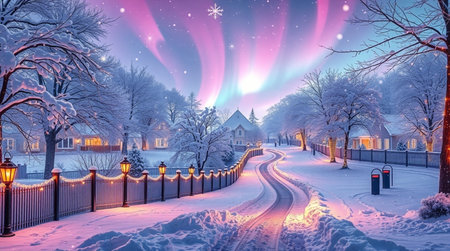 Winter landscape with snow covered trees and street lights, 3d illustrationの写真素材