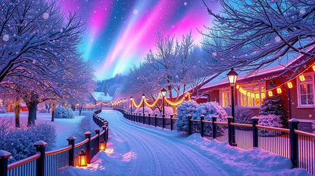 Beautiful winter landscape with colorful Aurora Borealis in the night sky.の写真素材