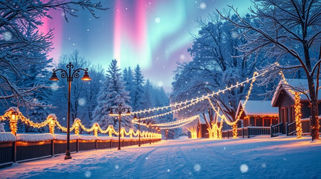Winter landscape with christmas lights and aurora borealis in the skyの写真素材