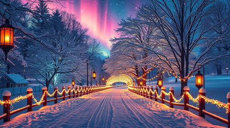 Winter in the city. Northern lights in the night park. Christmas landscape.の写真素材