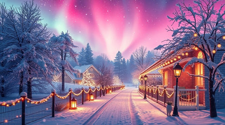 Beautiful winter landscape with snow-covered road and house in the nightの写真素材